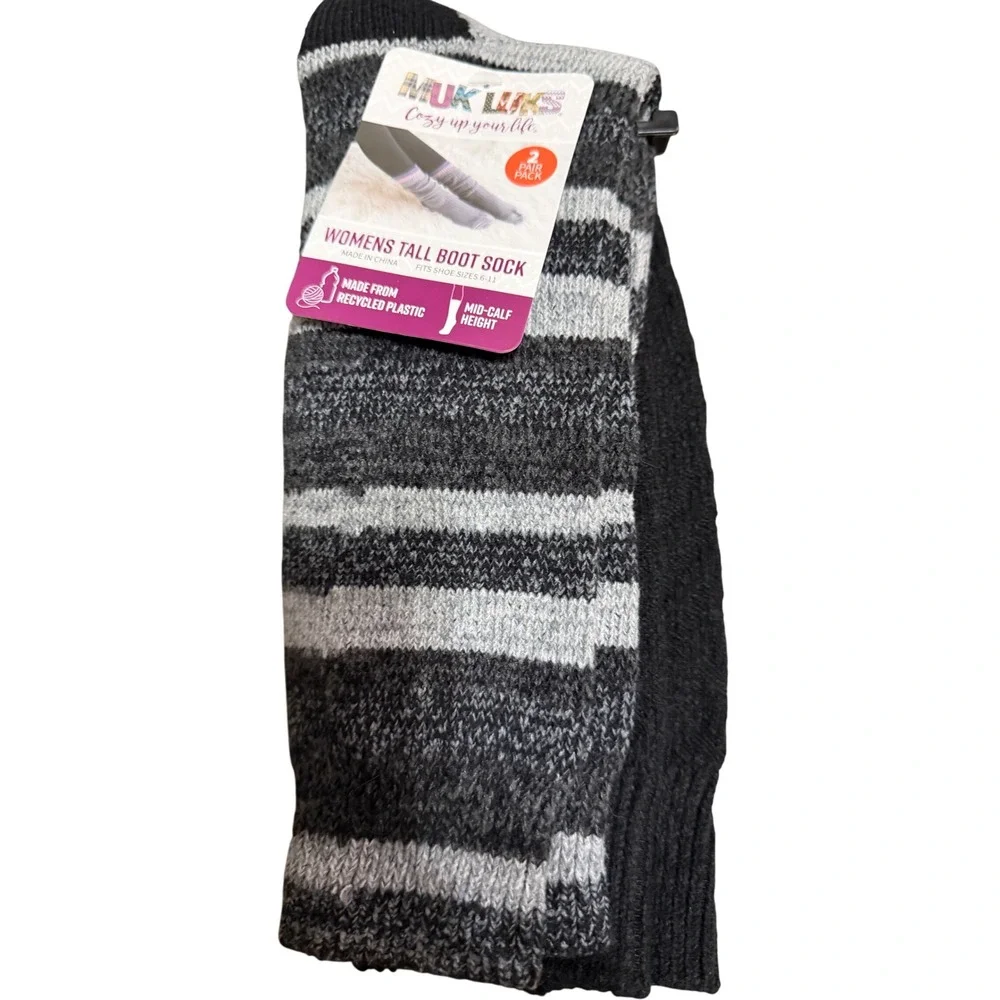 Muk Luks Womens Tall Boot‎ Socks 2 Pair Pack Black Grey Striped Mid-Calf